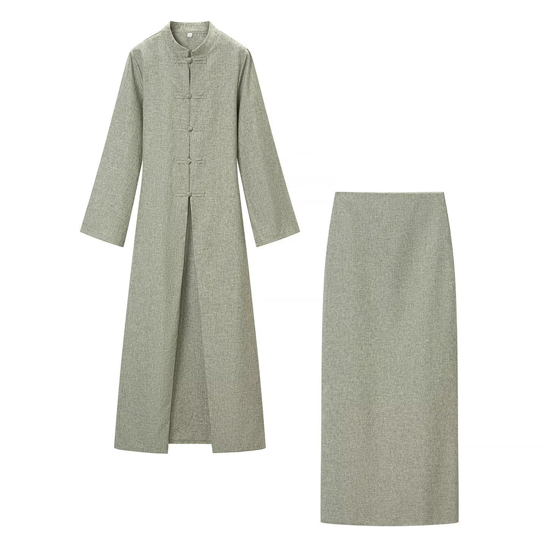 Damen Langärmliges Maxikleid mit Stehkragen Knebelknopfverschluss und vorderem Schlitz Nord Taschen