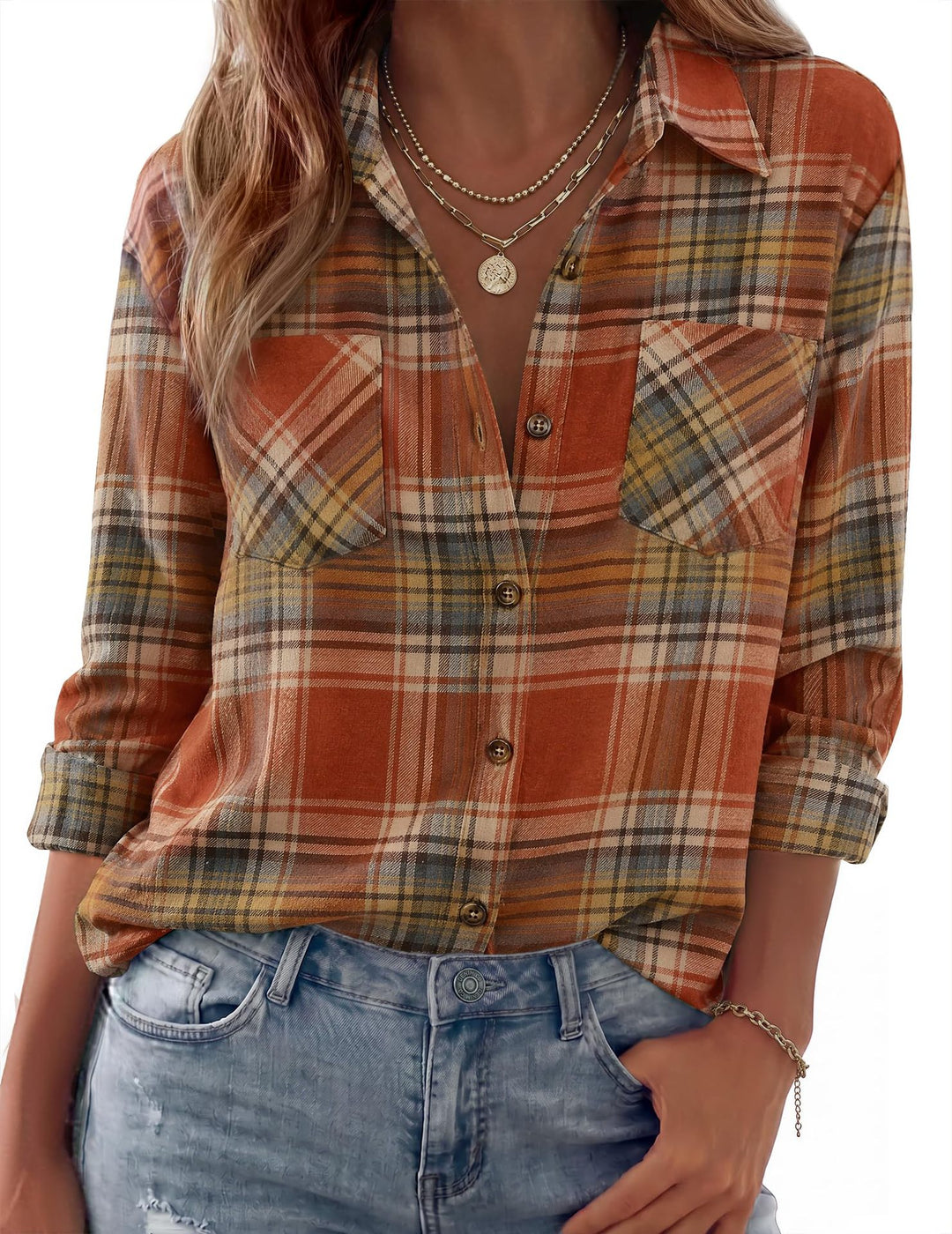 Damen Karierte Oversize-Hemdjacke aus Flanell mit Brusttaschen Nord Taschen