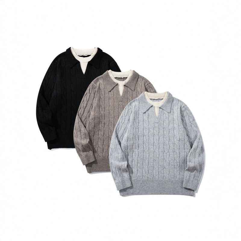 Herren Grobgestrickter Zopfmuster-Pullover mit Polokragen und V‑Ausschnitt Nord Taschen