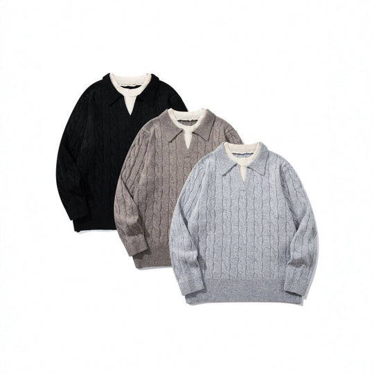 Herren Grobgestrickter Zopfmuster-Pullover mit Polokragen und V‑Ausschnitt Nord Taschen