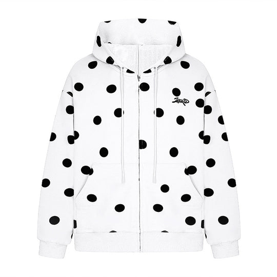 Damen Kapuzen-Sweatjacke mit durchgehendem Reißverschluss, Oversize-Schnitt und Polka-Dot-Print Nord Taschen
