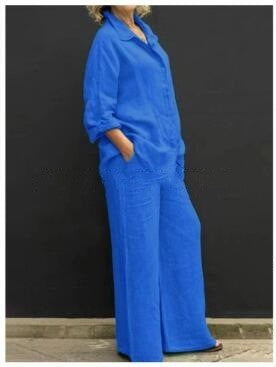 Damen Entspanntes Leinen-Set mit Oversize-Hemd und weiter Palazzo-Hose Nord Taschen