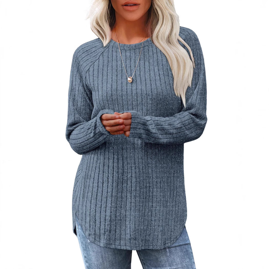 Damen gerippter Strickpullover mit Rundhalsausschnitt Oversize-Passform und Seitenschlitzen Nord Taschen