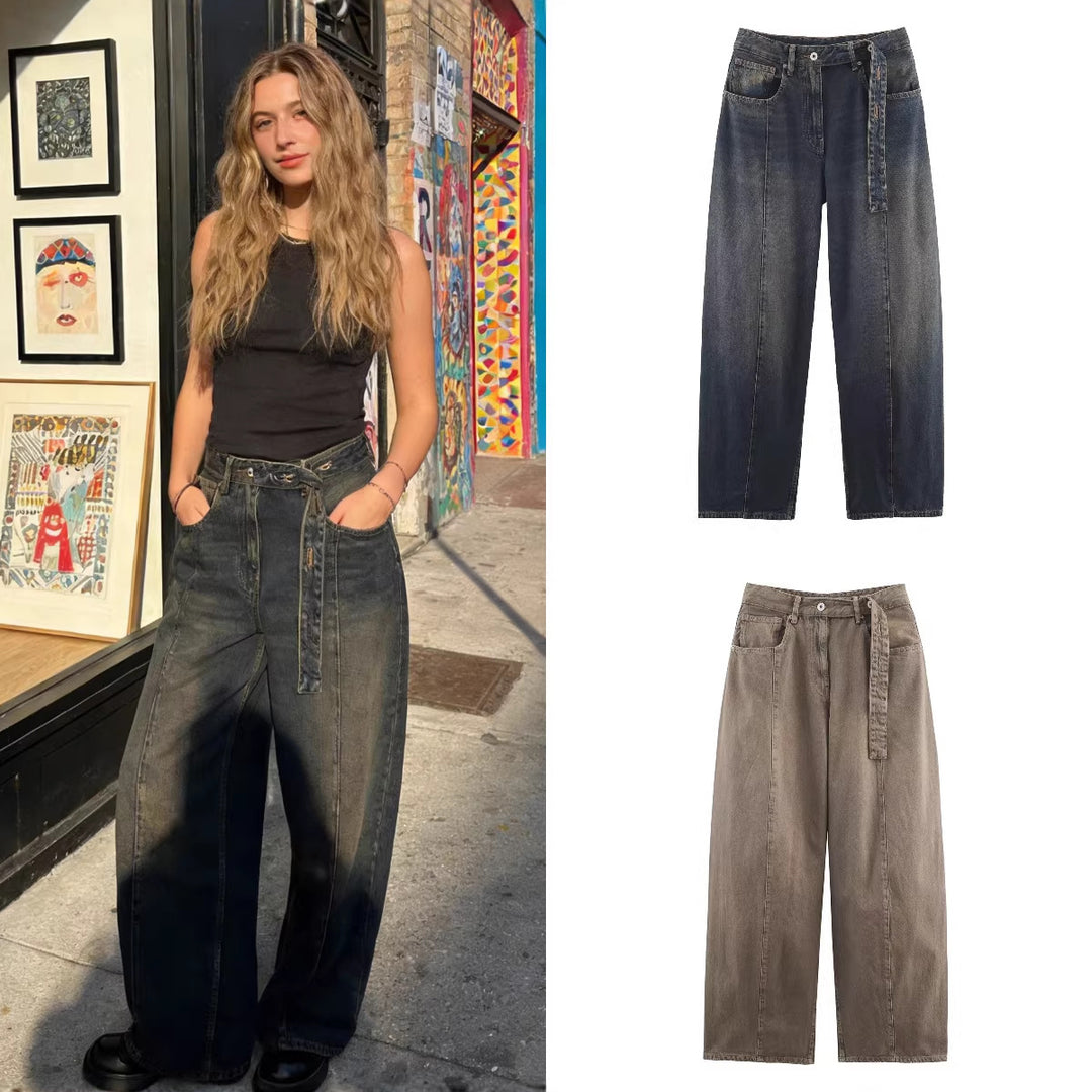 Damen Weite hochtaillierte Culotte-Hose mit Ziernaht, aufgesetzten Taschen und Bindegürtel Nord Taschen