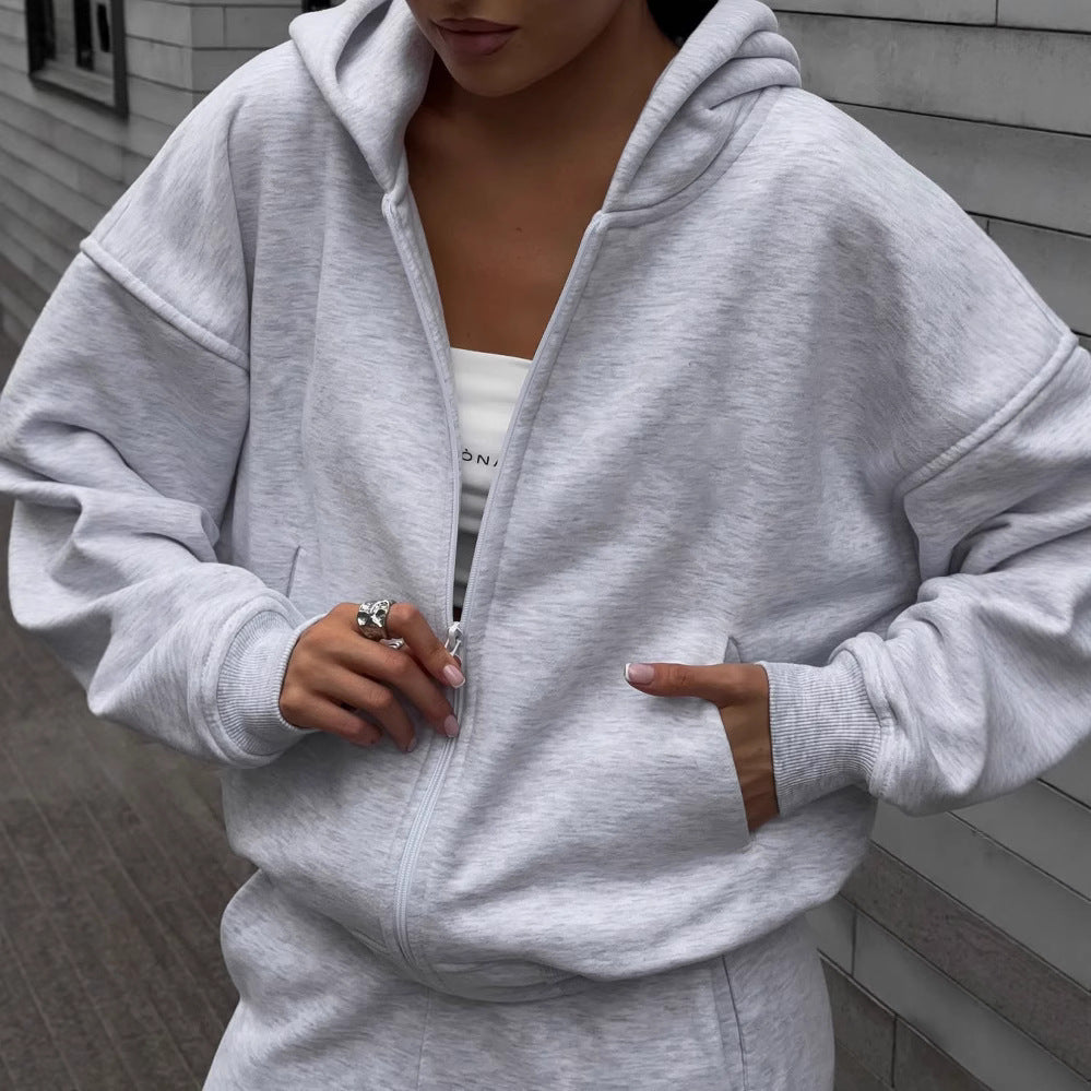 Damen extraweites Relaxed-Fleece-Set mit überlanger Kapuzenzipjacke und fließender Hose mit hohem Bund Nord Taschen