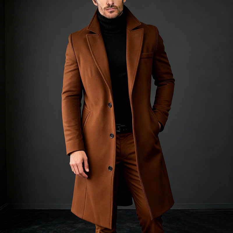 Herren Eleganter einreihiger Langmantel aus Wollmix mit schmaler Silhouette und Reverskragen Nord Taschen