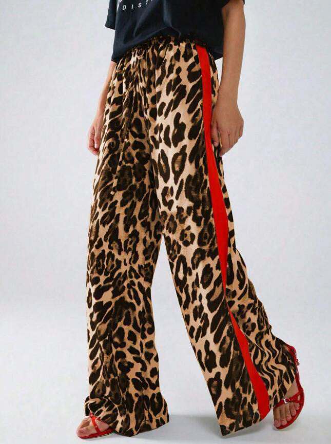 Damen weite Leinenhose mit modischem Leopardenmuster und kontrastierendem Streifen