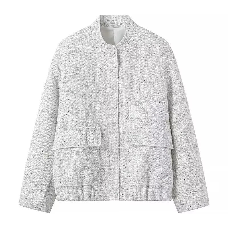Damen 400+ Bouclé Kurzjacke mit Stehkragen, Pattentaschen und taillierendem Saum Nord Taschen