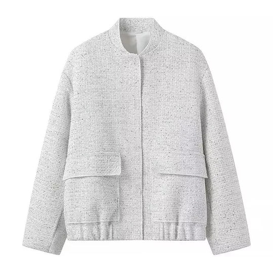 Damen 400+ Bouclé Kurzjacke mit Stehkragen, Pattentaschen und taillierendem Saum Nord Taschen