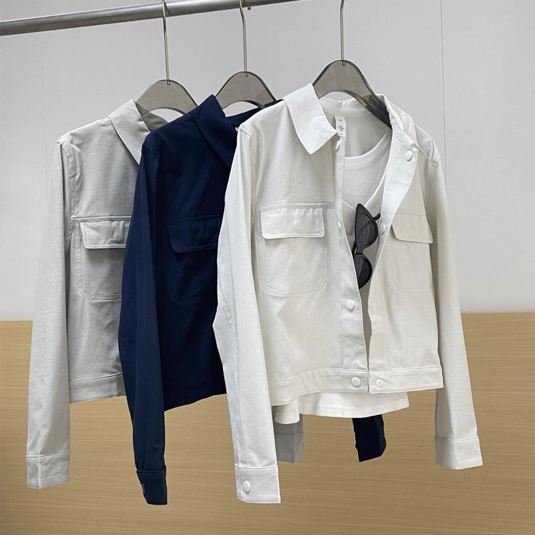 Damen Kurze Overshirt-Jacke aus strukturiertem Canvas mit Brusttaschen Nord Taschen