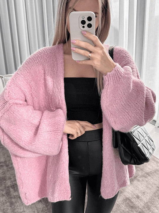 Damen Oversize Strickcardigan mit voluminösen Ballonärmeln und teddyähnlicher Struktur Nord Taschen