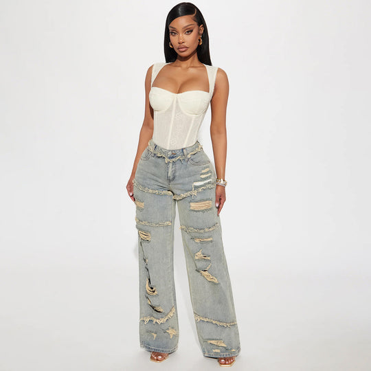 Damen Hochtaillierte Oversize-Jeans mit weitem Bein und ausgefransten Rissen Nord Taschen