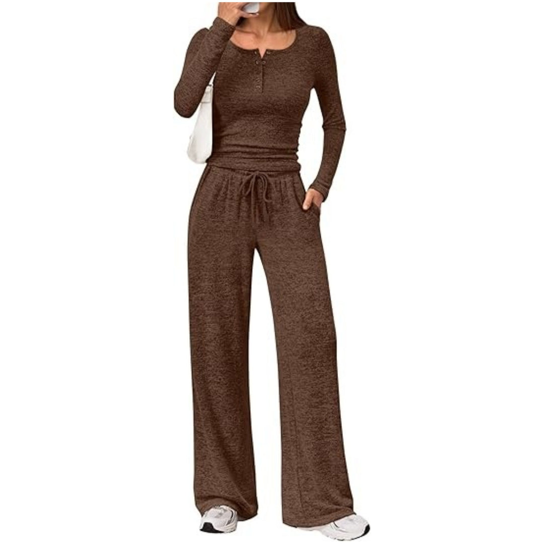 Damen Zweiteiliges Feinstrick-Lounge-Set mit Henley-Top und Palazzo-Hose Nord Taschen