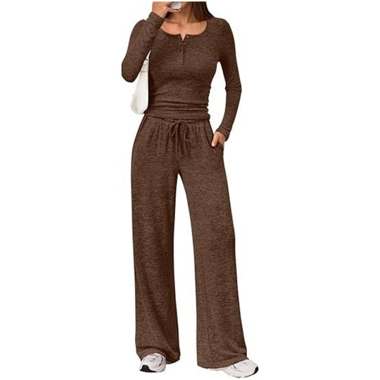Damen Zweiteiliges Feinstrick-Lounge-Set mit Henley-Top und Palazzo-Hose Nord Taschen