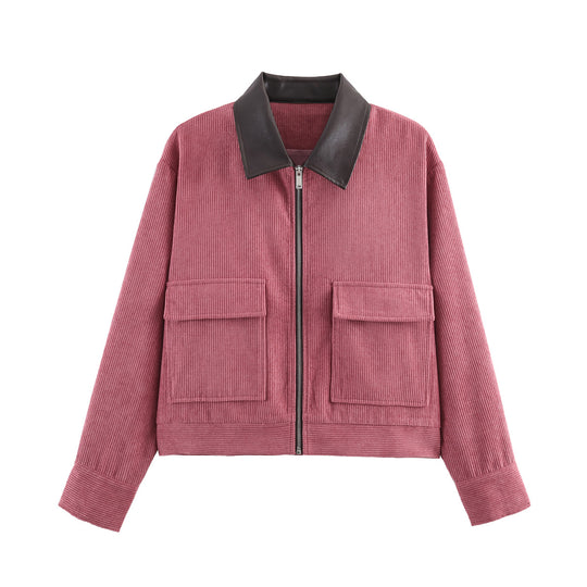 Damen Cordjacke mit Reißverschluss, Kunstlederkragen und aufgesetzten Taschen Nord Taschen