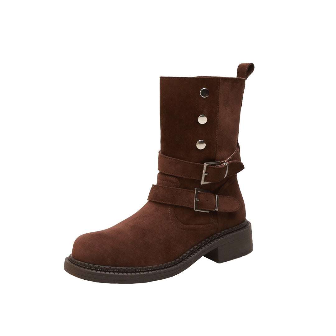 Damen Kurzschaft-Bikerboot aus Wildleder mit verstellbaren Schnallen und markantem Blockabsatz Nord Taschen
