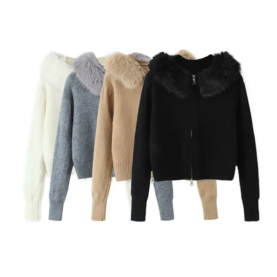Damen Kurzgeschnittene Strickjacke mit Reißverschluss und abnehmbarem Kunstfellkragen Nord Taschen