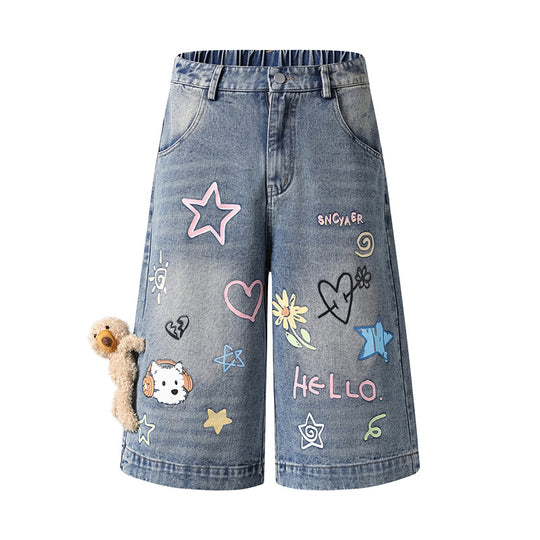 Damen Verspielte Denim-Culotte-Shorts mit hohem Komfortbund, Allover-Doodle-Print & Teddy-Anhänger Nord Taschen