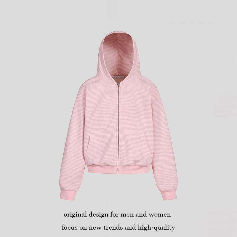 Damen Kurz geschnittene Kapuzen-Sweatjacke mit kurzem Bund, Streifenstruktur und Reißverschluss Nord Taschen