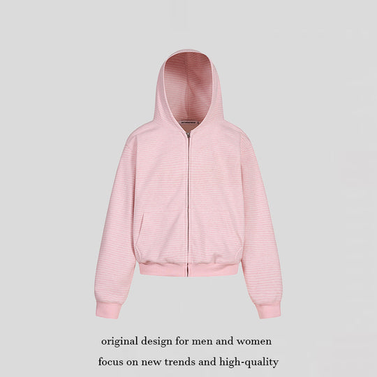 Damen Kurz geschnittene Kapuzen-Sweatjacke mit kurzem Bund, Streifenstruktur und Reißverschluss Nord Taschen