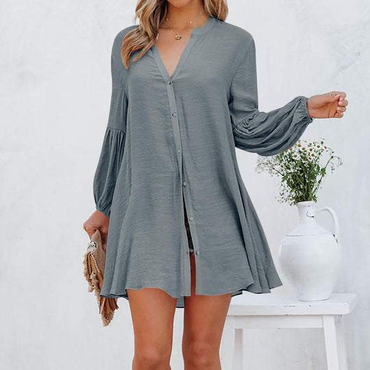Damen Lässige Bluse mit Ballonärmeln und durchgehender Knopfleiste
