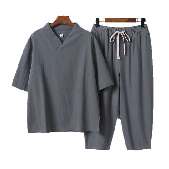 Herren Atmungsaktives Leinen-Baumwoll Lounge-Set mit asymmetrischem V-Kragen und elastischer Kordelhose Nord Taschen
