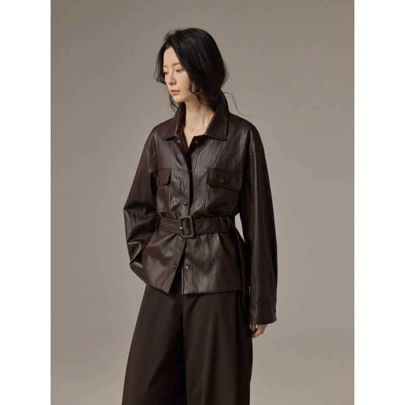 Damen Hemdjacke aus Lederoptik mit tailliertem Gürtel Nord Taschen