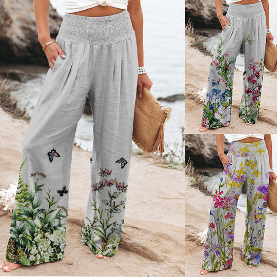 Damen weite Floral-Hose mit elastischem Bund und seitlichen Taschen