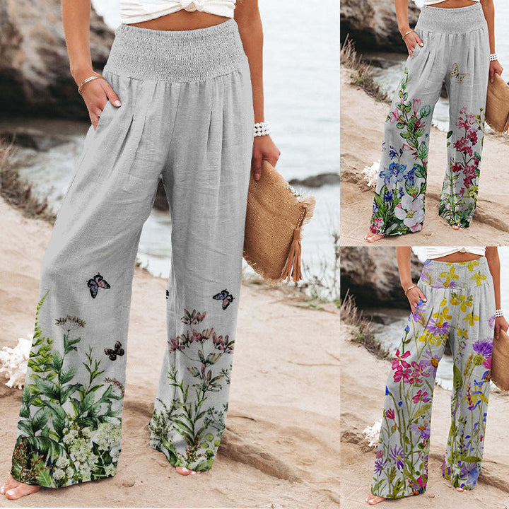 Damen weite Floral-Hose mit elastischem Bund und seitlichen Taschen