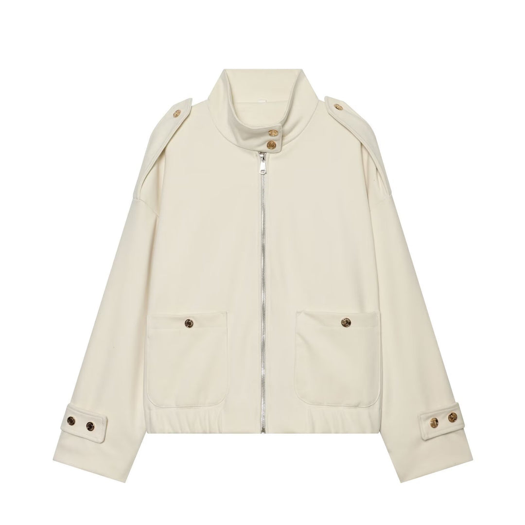 Damen Cropped Utility-Jacke mit hochgeschlossenem Kragen, Schulterklappen und aufgesetzten Pattentaschen Nord Taschen