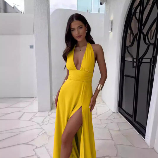 Damen Maxikleid mit tiefem V-Ausschnitt und elegantem Schlitz