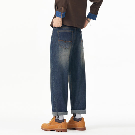 Herren Weite gerade geschnittene Denim-Jeans mit Used‑Wash und Umschlagbund Nord Taschen