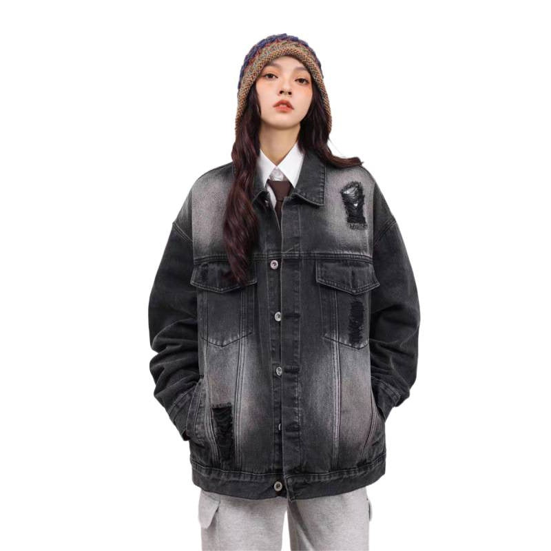 Unisex Vintage-Style Denim-Worker-Jacke mit Repair-Details und geradem Schnitt Nord Taschen