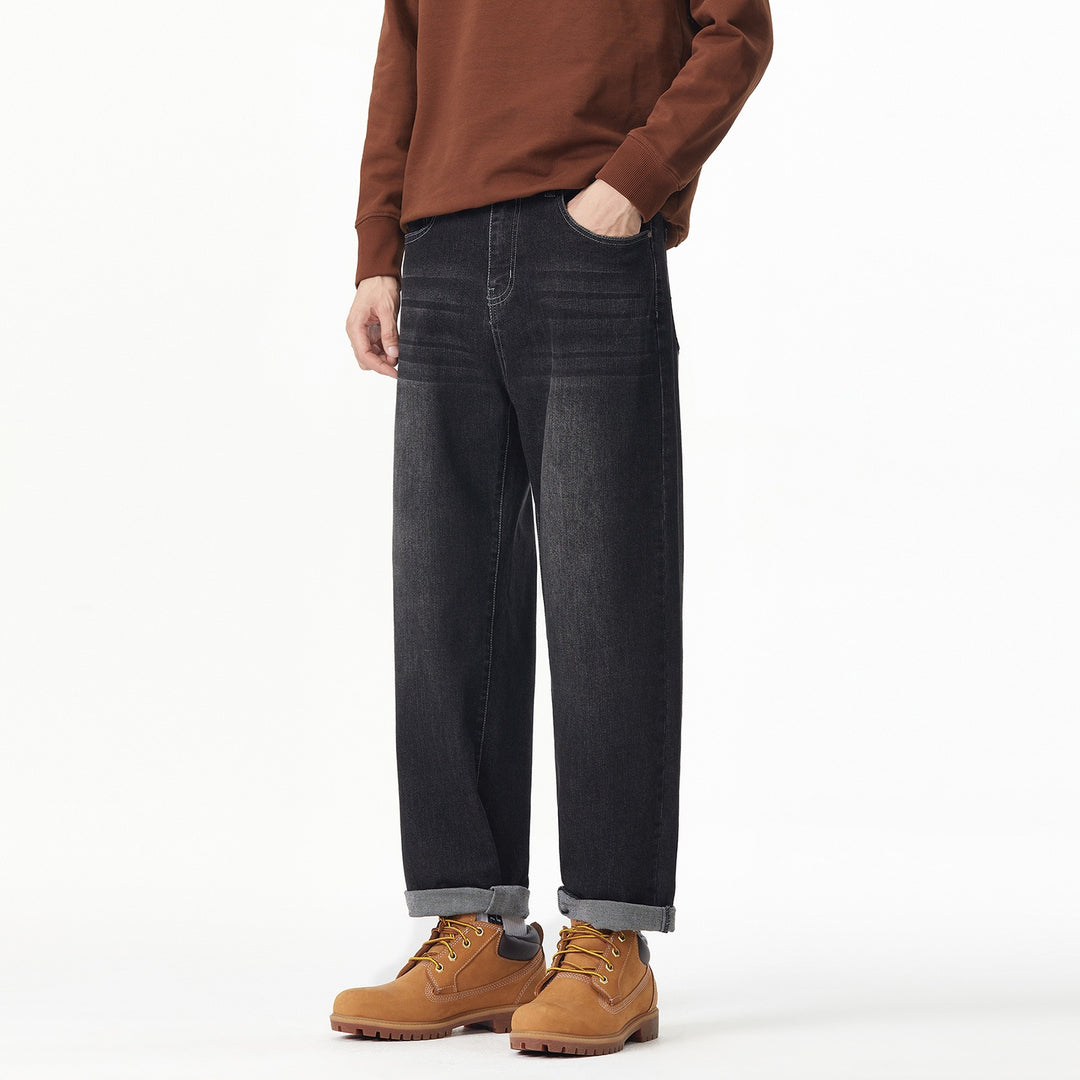 Herren Weite gerade geschnittene Denim-Jeans mit Used‑Wash und Umschlagbund Nord Taschen
