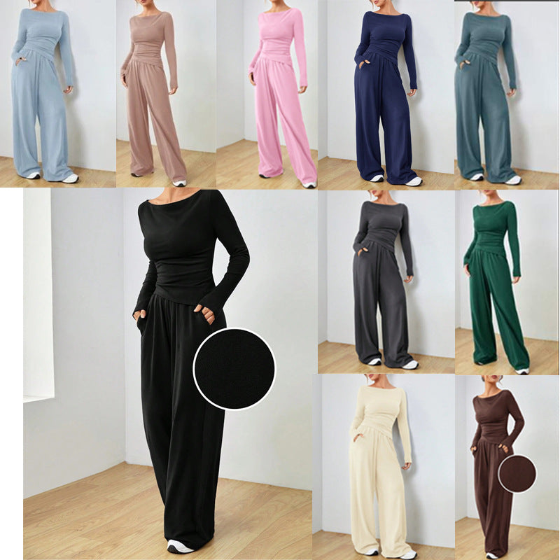 Damen Loungewear-Set aus weichfallendem Jersey mit U-Boot-Ausschnitt, tailliertem Longsleeve und weiter Palazzo-Hose Nord Taschen