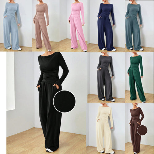 Damen Loungewear-Set aus weichfallendem Jersey mit U-Boot-Ausschnitt, tailliertem Longsleeve und weiter Palazzo-Hose Nord Taschen