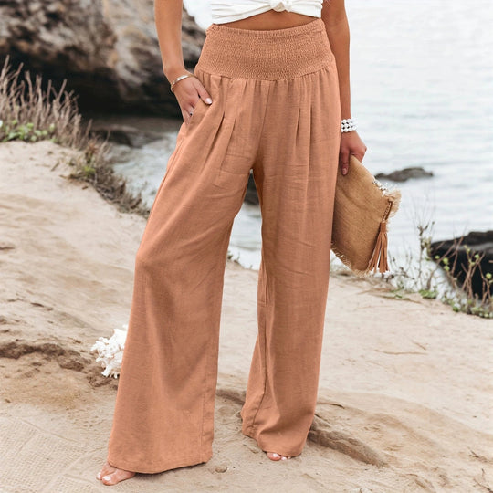 Damen Weite Leinenhose mit Smokbund und Eingrifftaschen Nord Taschen