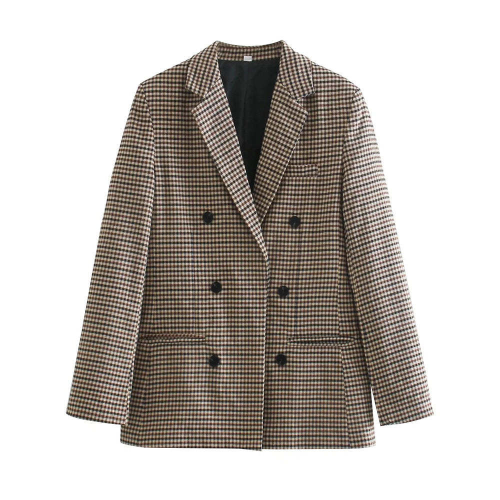 Damen Doppelreihiger Wollmix-Blazer im Glencheck/Hahnentritt mit leicht boxy Schnitt Nord Taschen