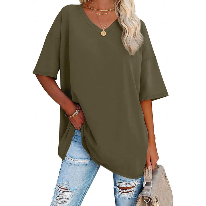 Damen Oversized T-Shirt mit V-Ausschnitt und seitlichen Schlitzen