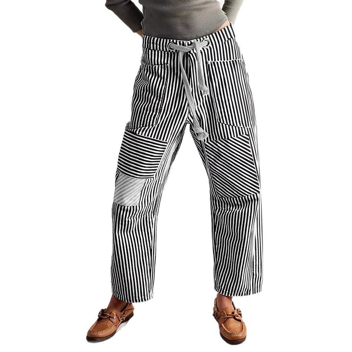 Damen lässige gestreifte Leinenhose mit Kordelzug und aufgesetzten Taschen Nord Taschen