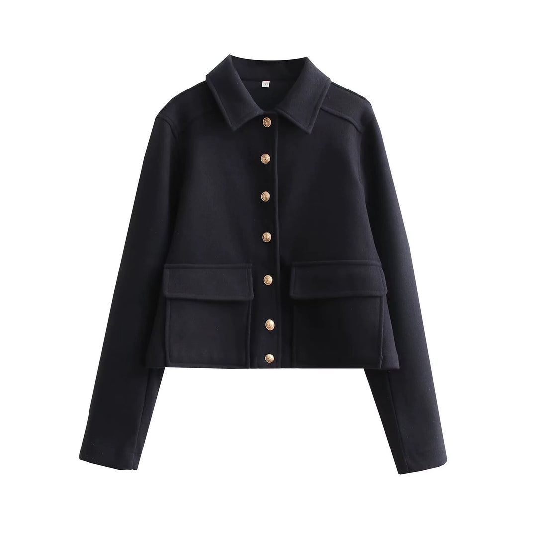 Damen Kurze Boxy-Wollmix-Jacke mit aufgesetzten Pattentaschen und goldfarbenen Zierknöpfen Nord Taschen
