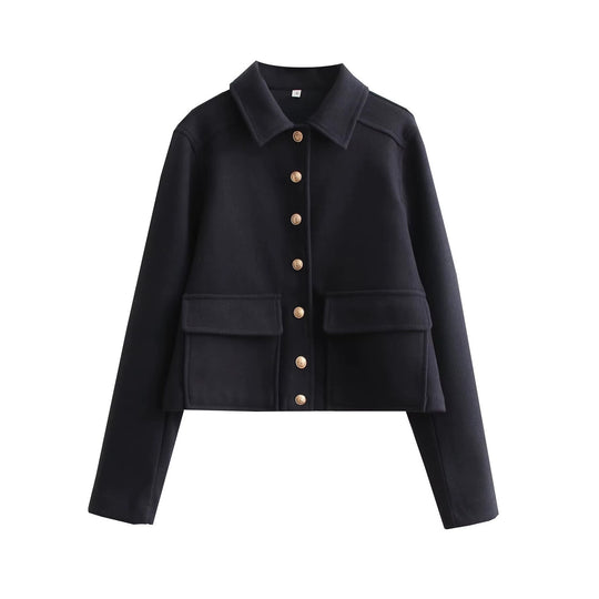 Damen Kurze Boxy-Wollmix-Jacke mit aufgesetzten Pattentaschen und goldfarbenen Zierknöpfen Nord Taschen