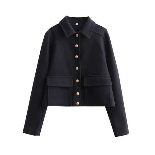 Damen Kurze Boxy-Wollmix-Jacke mit aufgesetzten Pattentaschen und goldfarbenen Zierknöpfen Nord Taschen