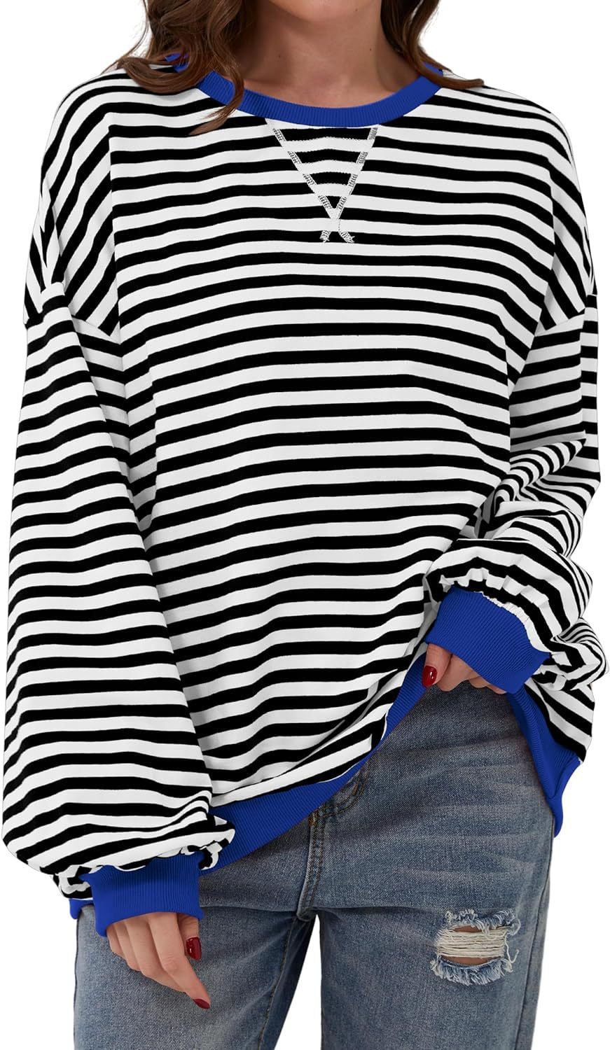 Damen lässiger Oversized Sweatshirt mit bunten Streifen und Kapuzenkordel