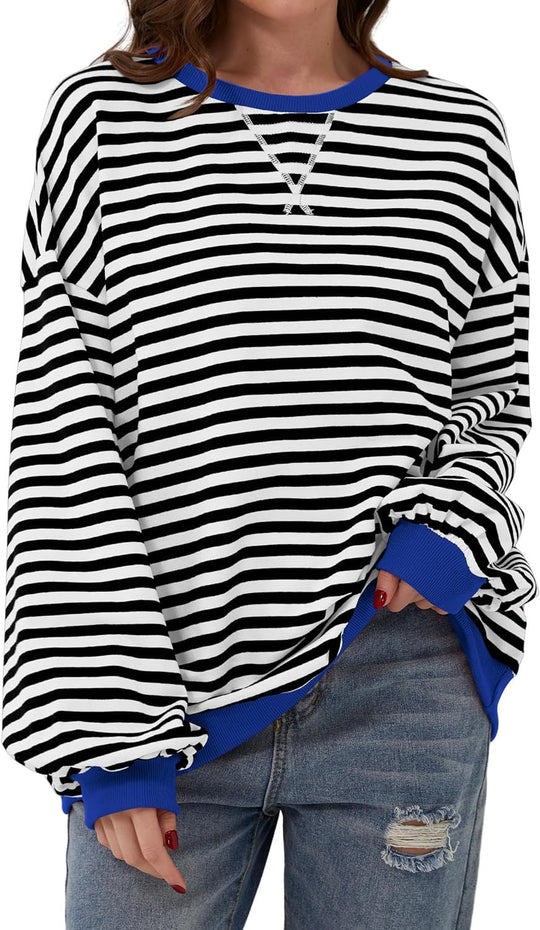 Damen lässiger Oversized Sweatshirt mit bunten Streifen und Kapuzenkordel