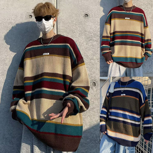 Herren Lässiger Grobstrickpullover mit buntem Streifenmuster Nord Taschen