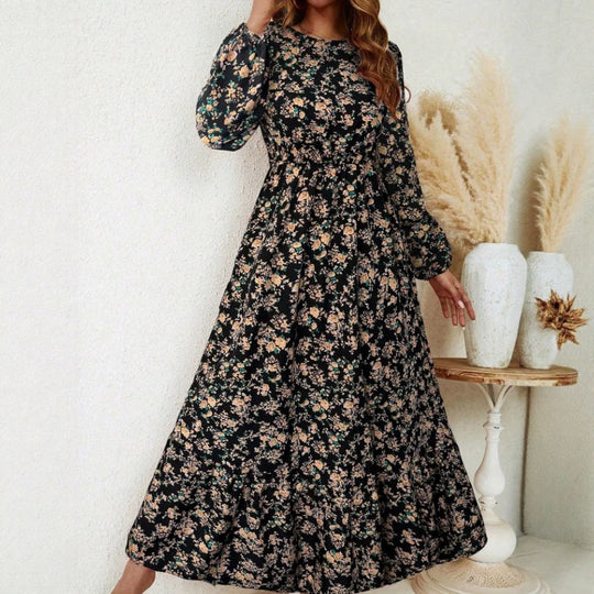 Damen Elegantes Blumenkleid mit langen Ärmeln und Rüschen Nord Taschen
