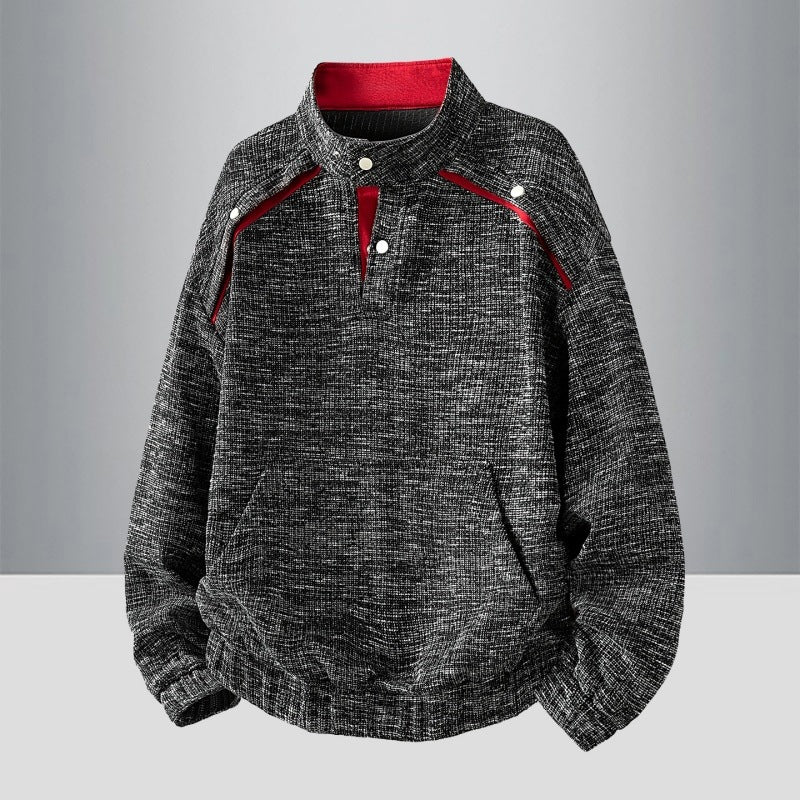 Herren Oversize Struktur-Halbzip-Strickpullover mit Stehkragen, Druckknopfblende & Kängurutasche Nord Taschen