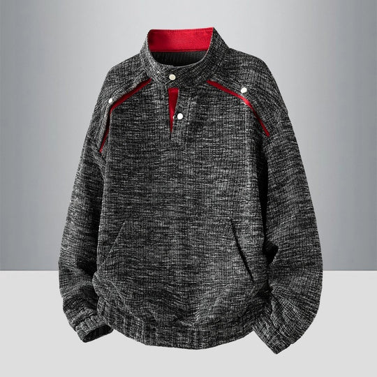 Herren Oversize Struktur-Halbzip-Strickpullover mit Stehkragen, Druckknopfblende & Kängurutasche Nord Taschen