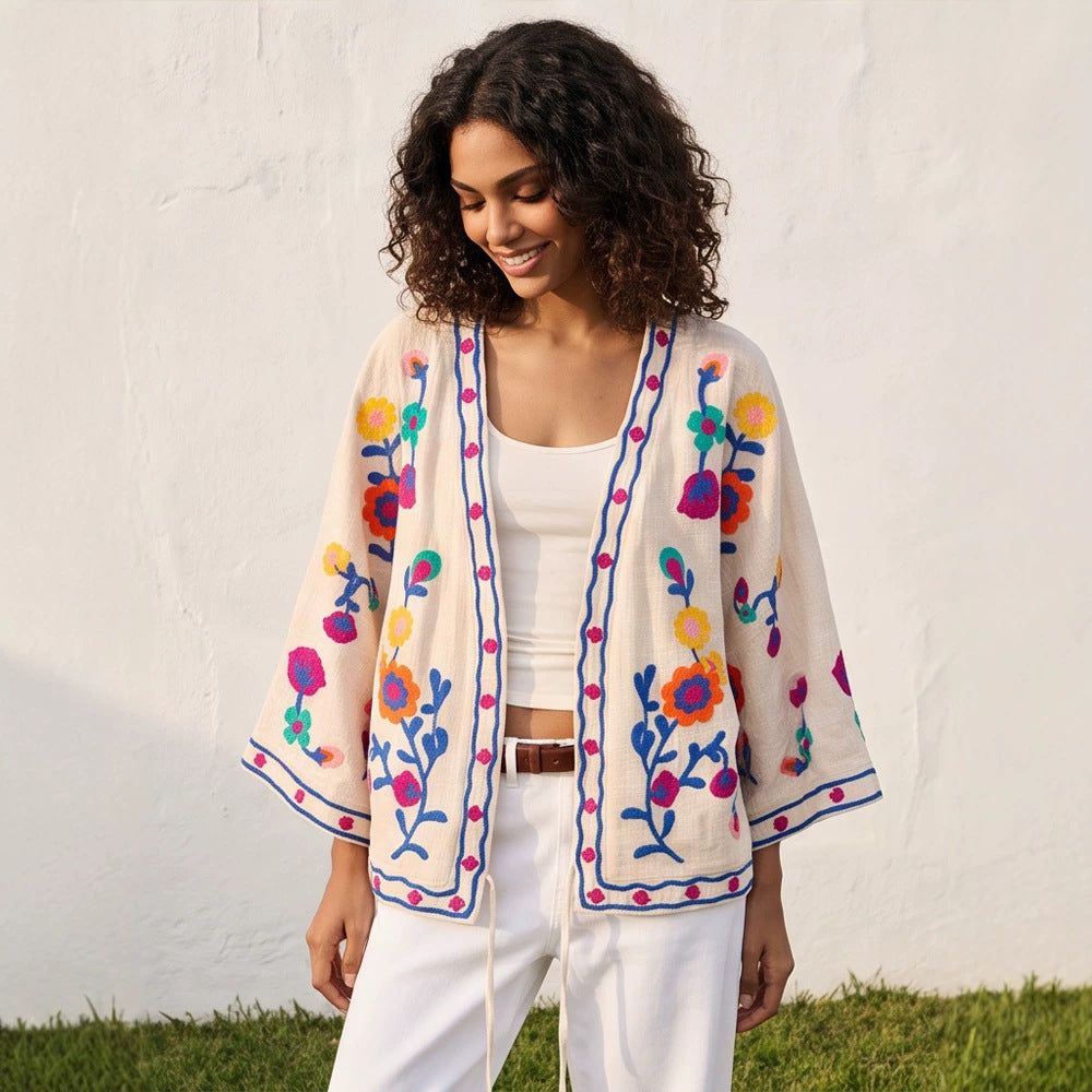 Damen bestickte Leinen‑Überwurfjacke mit folkloristischen Blumenapplikationen Nord Taschen